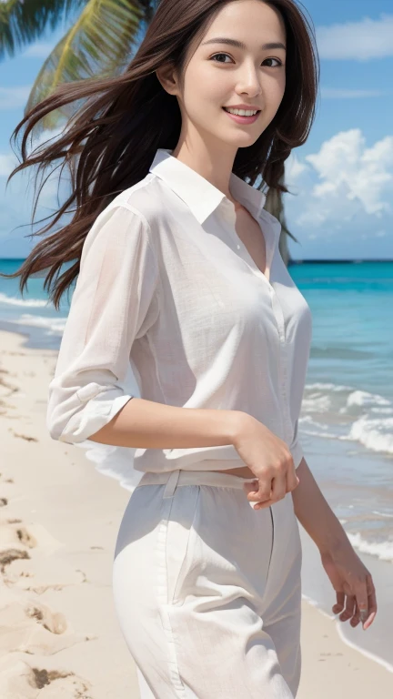 (RAW photo, highest quality), (photo realistic:1.4), (hyper realistic:1.4), (smooth lighting:1.05) Cool and intelligent Japanese beauty, (30 years old), porcelain-like fine white skin, deep chestnut brown, long gently wavy hair, large almond-shaped eyes, thin eyebrows, thin fingers, long nails, perfect anatomy, slender body, (bright smile), (white linen oversized shirt), palm trees and beach in the background, depth of field, walking on the beach while pushing her hair back with her right hand