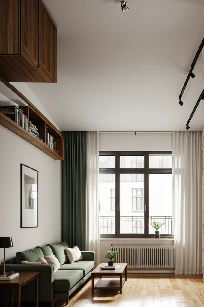 Living room of a narrow studio apartment with a window to the outside with dark green curtains, brown wooden floor and white walls