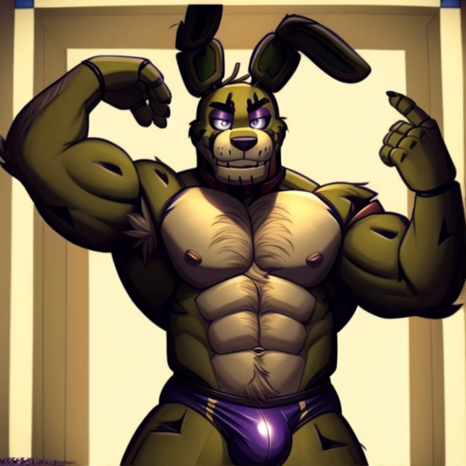 Male, rabbit, springtrap, five nights at Freddy's, masculine, smirking, muscular, raised arm, showing armpit, hairy armpit, wearing really tight black speedo