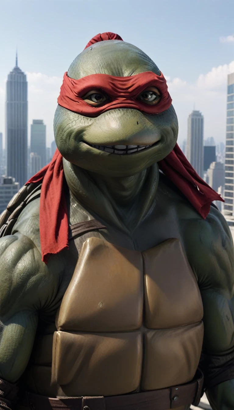 close-up, TMNTRaphael, a age mutant ninja turtle, grinning, wearing red bandana mask with eye-holes, standing on a city rooftop during the day, skyscrapers and rooftops and day sky in the background,