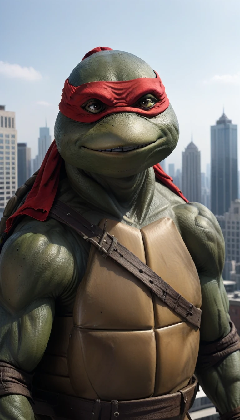 close-up, TMNTRaphael, a teenage mutant ninja turtle, grinning, wearing red bandana mask with eye-holes, standing on a city rooftop during the day, skyscrapers and rooftops and day sky in the background, 