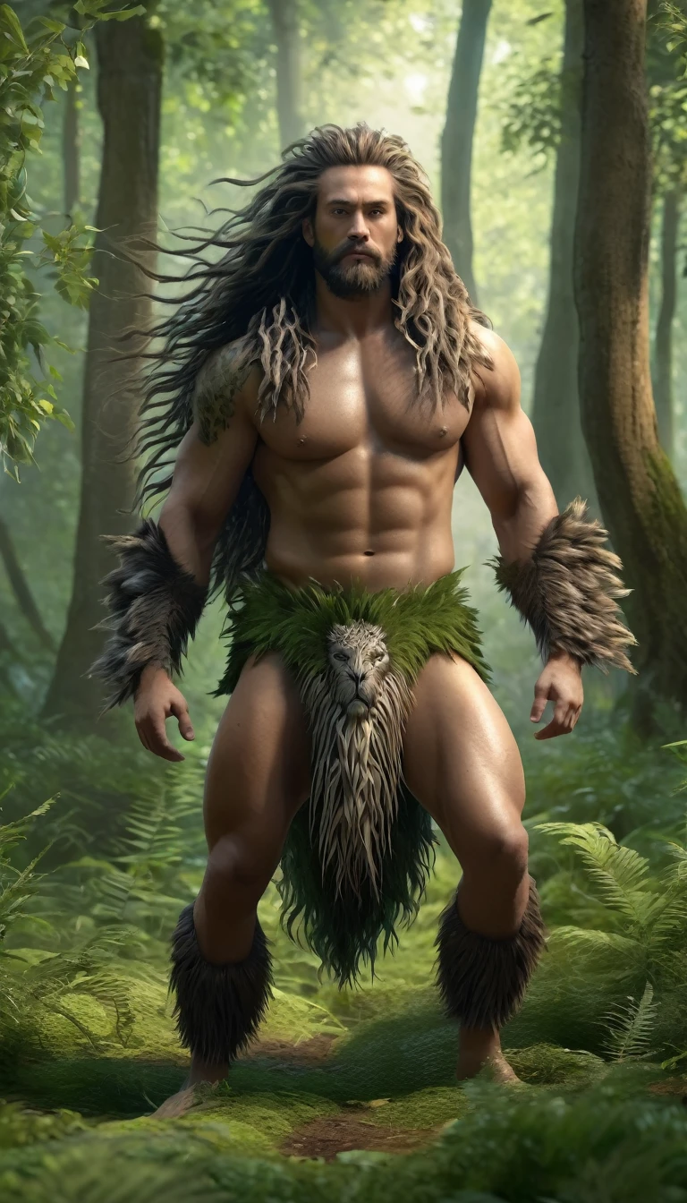 There is a wild man in the forest，The whole body is covered with long mane（best quality，4K，8K，High level，masterpiece：1.2），Ultra Detailed，（lifelike，Photo real，Photo real：1.37），Highly detailed animals，Complex patterns，Realistic lighting，Fantasy Creatures