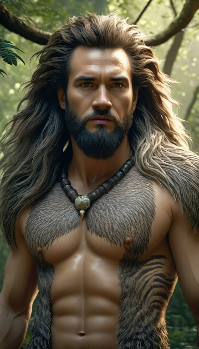 There is a wild man in the forest，The whole body is covered with long mane（best quality，4K，8K，High level，masterpiece：1.2），Ultra Detailed，（lifelike，Photo real，Photo real：1.37），Highly detailed animals，Complex patterns，Realistic lighting，Fantasy Creatures