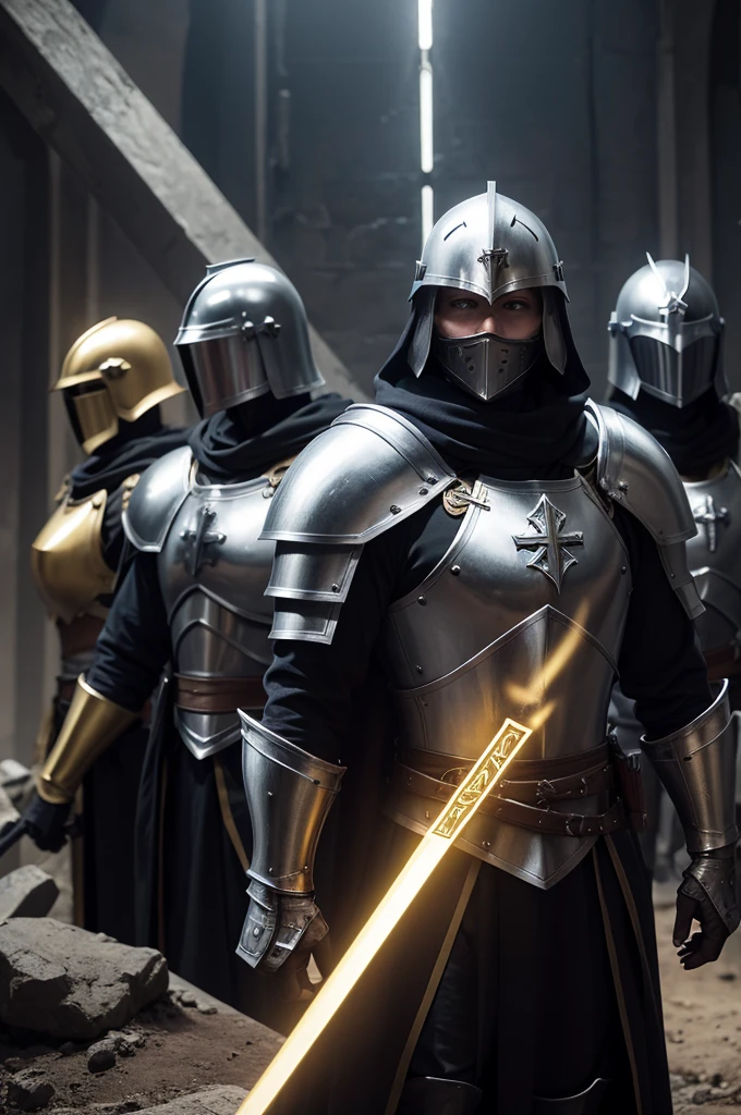 Make 4 Christian Templar Knights, in shining armor with golden cross symbol. In a dark and gloomy environment