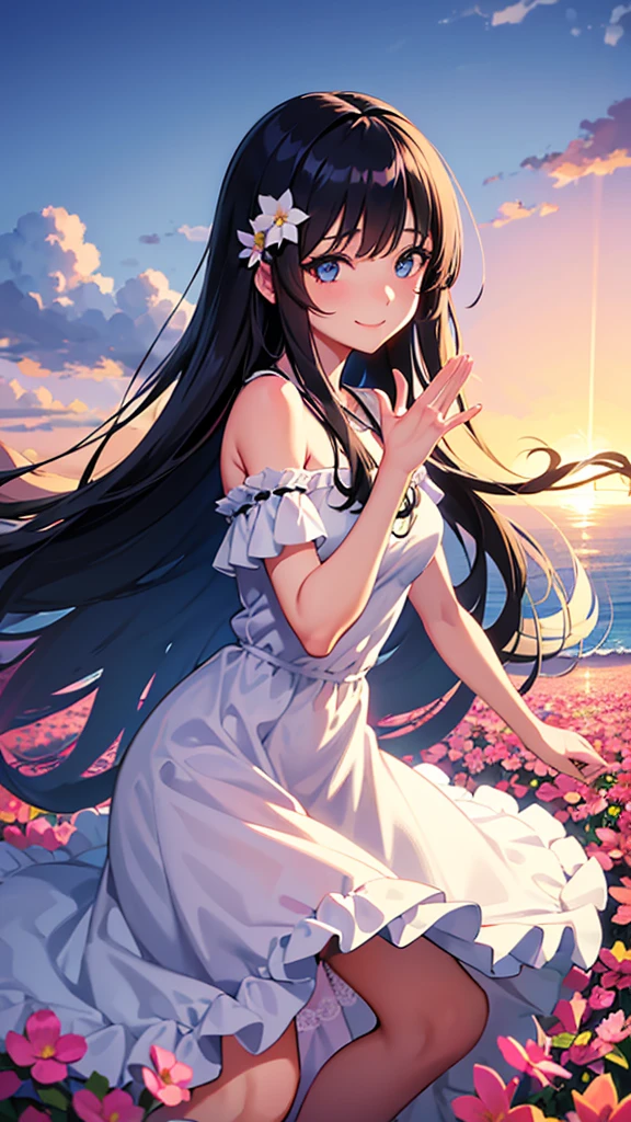 • 「A girl with long black hair and blue eyes、Wearing a white lace dress、Anime-style illustration of a smiling person looking at the camera in a flower field」
• 「A girl with a brown side ponytail wearing a pink frilly dress、A realistic illustration of a man jumping and waving his hands on a beach at sunset」