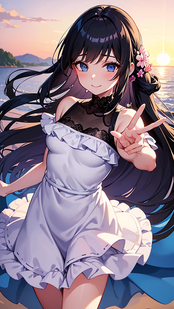 • 「A girl with long black hair and blue eyes、Wearing a white lace dress、Anime-style illustration of a smiling person looking at the camera in a flower field」
• 「A girl with a brown side ponytail wearing a pink frilly dress、A realistic illustration of a man jumping and waving his hands on a beach at sunset」