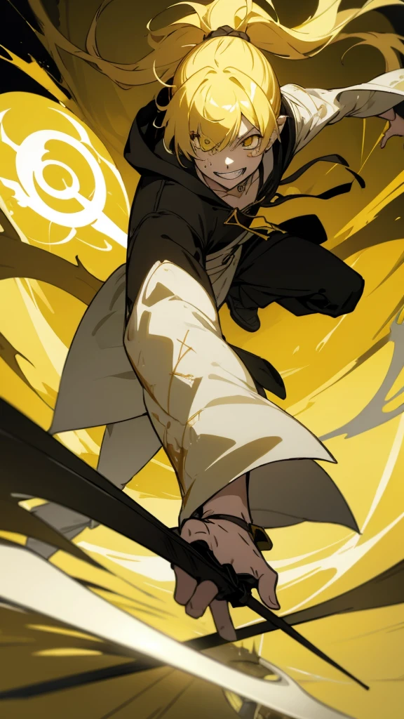 boy, yellow hair tied in a ponytail, reflective yellow eyes, holding a dagger, q shaped dagger, bloodied clothes, battle grin, modern clothing, hoodie, wounded, 