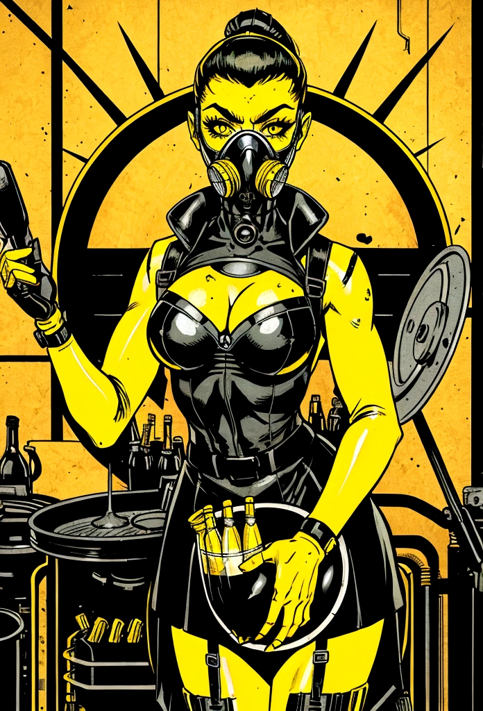 nuclear sexy waitress tray gas mask black and yellow serving