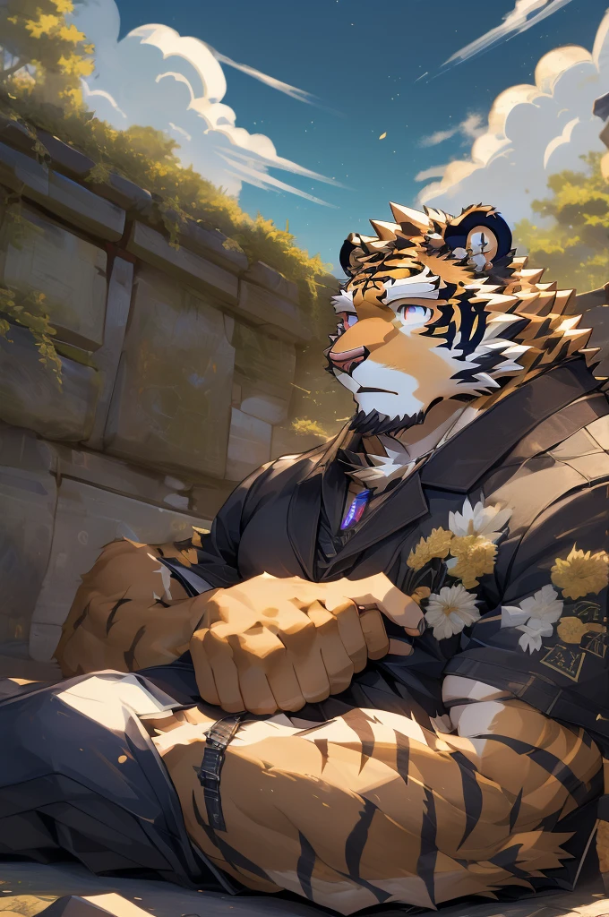 (masterpiece,best quality,Super detailed,Perfect anatomical structure),Detailed background,Empty,hairy,cannon, ,Clear focus,白色tiger,By Empty Ghost, rest 阳光,External,campus, Solitary,Solitary ,male,male ,human nature,Cat,tiger,muscular,rest (White fur:1.5,White body:1.5),looking at the audience,Delicateeyes, Dressed,Casual clothing is acceptable when the weather is nice,Golden pupils