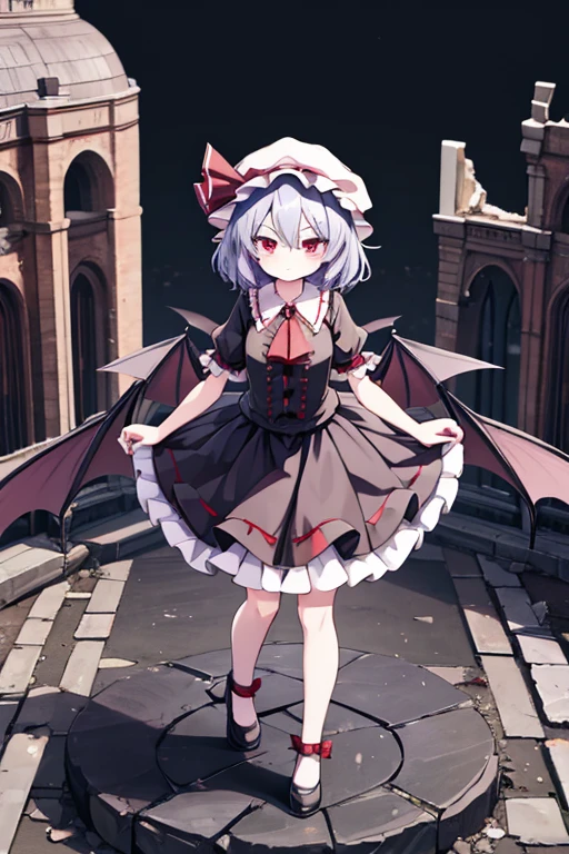 Remilia in black clothes and black hat, Touhou Project Remilia standing on the top of the ruined church