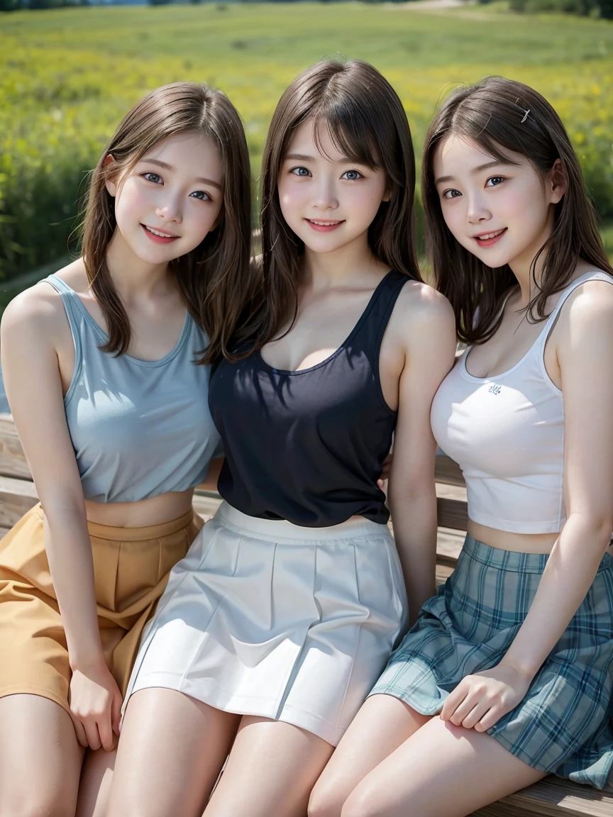 (3 girls), Young faceอินโดนีเซีย, ,smile, white skin, Round breast, blue eyes,((Wear a tank top and skirt., On a hot summer day, show off your shoulders.))Masterpiece, Highest quality, 8K, beautiful girl, Young face、 photography, Cute face, thigh,In the meadow, Embarrassing、รอยsmile、((((((อายุ 12 yearsmall waist、 ((Busty breasts))