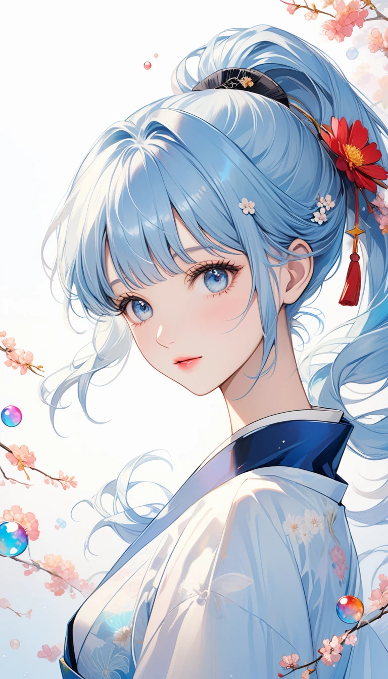 (masterpiece), (best quality), (Extremely detailed),(Messy hair),(illustration), (1 Girl), (Fashion), permanent, fashion model, Looking at the audience, (interview), (Simple background),Beautiful and delicate eyes, Delicate and beautiful face, floating,(High Saturation),(Colorful splash),Colored bubbles,(shining), Focus on the face, Ponytail, Kamisato Ayaka, Light blue hair, Bangs, Hair ring, Floating flowers, Floating hair, (shining), Optimal lighting, The best shadow,