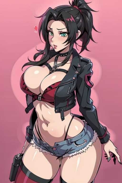 20 year old woman, , large breasble butt, hourglfigure, skinny, blushing, shocked expression, horny, seductivert hair, black hair, red streaked hair, bangs, wearing, biker jacket, cropped leather jacket, red tank top, black denim hotpants, booty shorts, transparent stockings, tight fitting clothing, cleavage, flat colour, ecchi anime style, at rave, nlub, heavy makeup, kissable s, punk, punk style, punk hair, hentai, manga, ahegoe, random porn poby rose, rwby, aerith FF7, AerGainsborough