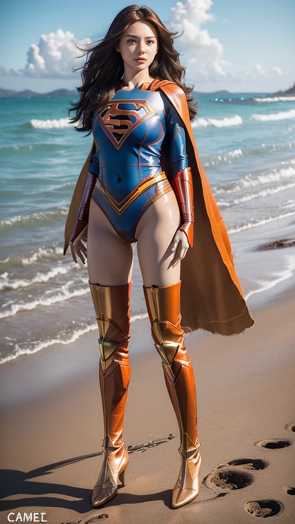 Masterpiece, best quality, NVIDIA RTX, 1girl, full makeups, extremely beautiful, orange wavy hair, hair blown by winds, sharp picture, realistic face and skin details, cinematic lightning, intricate details, ((Supergirl)), ((tight bodyshape suit)), ((red latex panties)), ((limbs armor)), ((black tights on your beautiful legs)), ((Supergirl symbol)), ((cameltoe:1.4)), perfect face, fit body, tall, (cape blown by strong winds:1.3), ((full body)), posing in the middle, symmetrical pose, ultra lights reflection, morning at the beach, from below