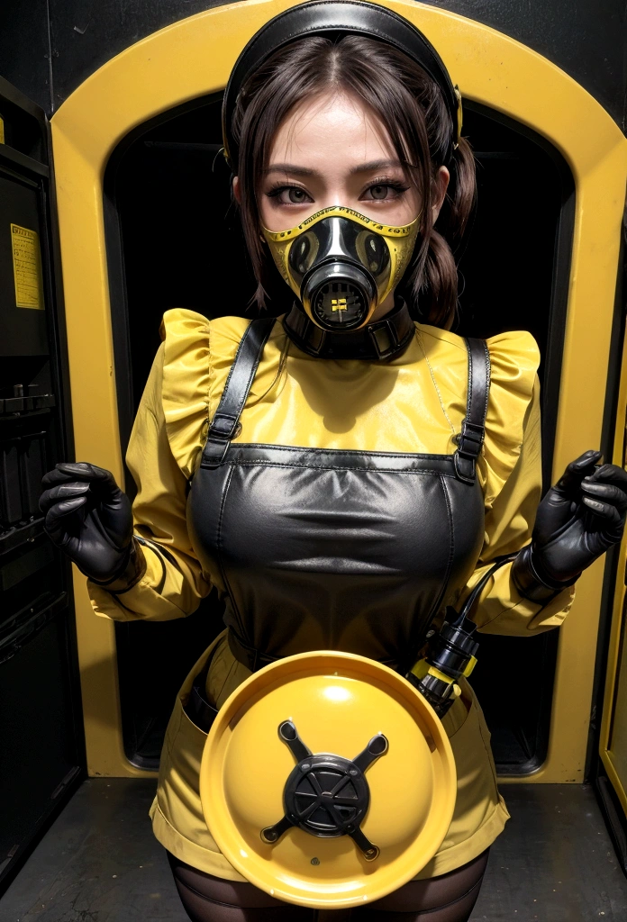 nuclear sexy waitress tray gas mask black and yellow serving