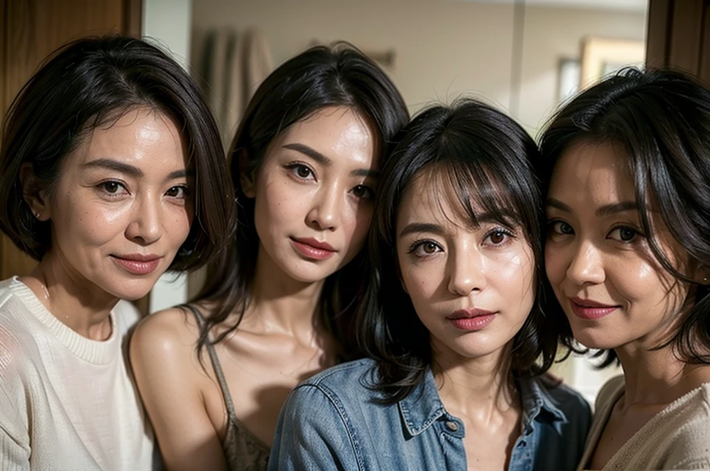 (masterpiece : 1.5), (super detailed : 1.5), (realistic : 1.5), (3 woman : 1.5), (3 woman standing side by side : 1.3), (they are all 66 years old : 1.3), beautiful mother, (wrinkles on her face : 1.2), (smirking : 1.2), (Each has a different hairstyle), (they all are wearing shirt : 1), (in a small changing room : 1.2), (they all are same height : 1.3), pores, skin blemishes, fleckles, realistic detailed skin, (close-up of face : 1.1)