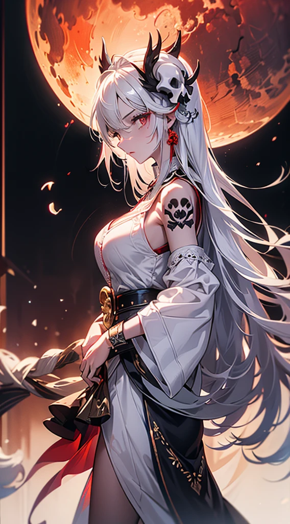 Highest quality, masterpiece,Beautiful design,Intricate details ,8K, (Fine skin, Shiny skin, Shiny Hair, Pale complexion,Big Breasts), Red Sky, Red Moon, Snow Mountain, ((Skull Land)), Captivating woman, Gray Hair, Long Hair, Hair blowing in the wind, half skull mask, Fine tattoos, white leather clothes, White Sleeveless Dress, Leather mini skirt, Hat with skull mark, (White leather belt), Looking into the distance