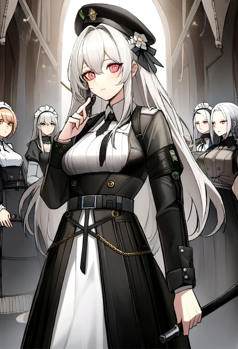 One wears、Holding a sword、Woman wearing a hat, from Girls Frontline, Fine details. Girls Frontline, From Arknights, Girls Frontline style, anime maid ss military, Azur route style, Girls Frontline cg, Kushat Krenz Key Women in Art, Gu Weiss, Krenzkushat, White-haired deity, Fleet Collection Style