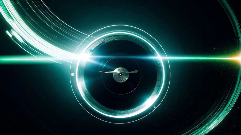 Poster Style，Green frosted background，Vinyl record combined with clock，The record is in the center of the screen.，Front view of the record，Half record, half clock，Reflecting the sense of time travel，Golden text effect for English title on the right，There is a halo of light around the record similar to a black hole，Extremely high definition picture quality，quality，Real texture，Sci-fi style，No sense of space