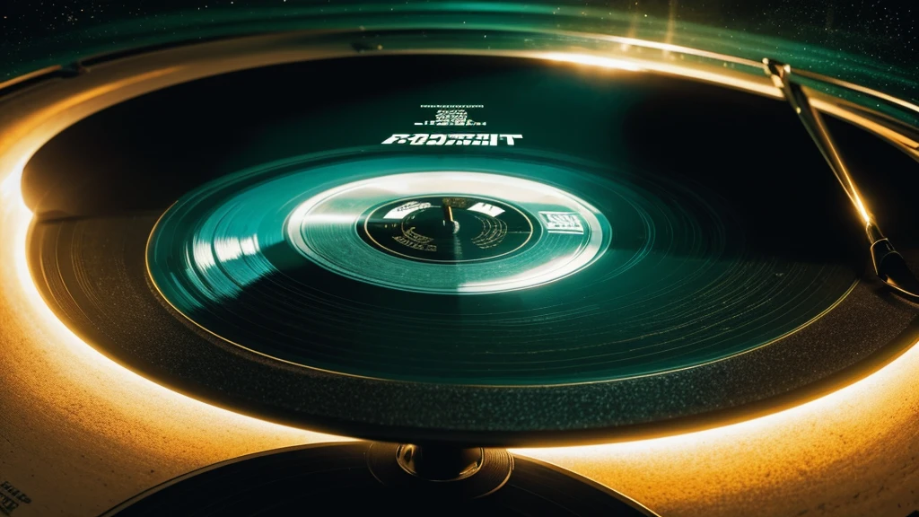 Poster Style，Green frosted background，Vinyl record combined with clock，The record is in the center of the screen.，Front view of the record，Half record, half clock，Reflecting the sense of time travel，Golden text effect for English title on the right，There is a halo of light around the record similar to a black hole，Extremely high definition picture quality，quality，Real texture，Sci-fi style，No sense of space