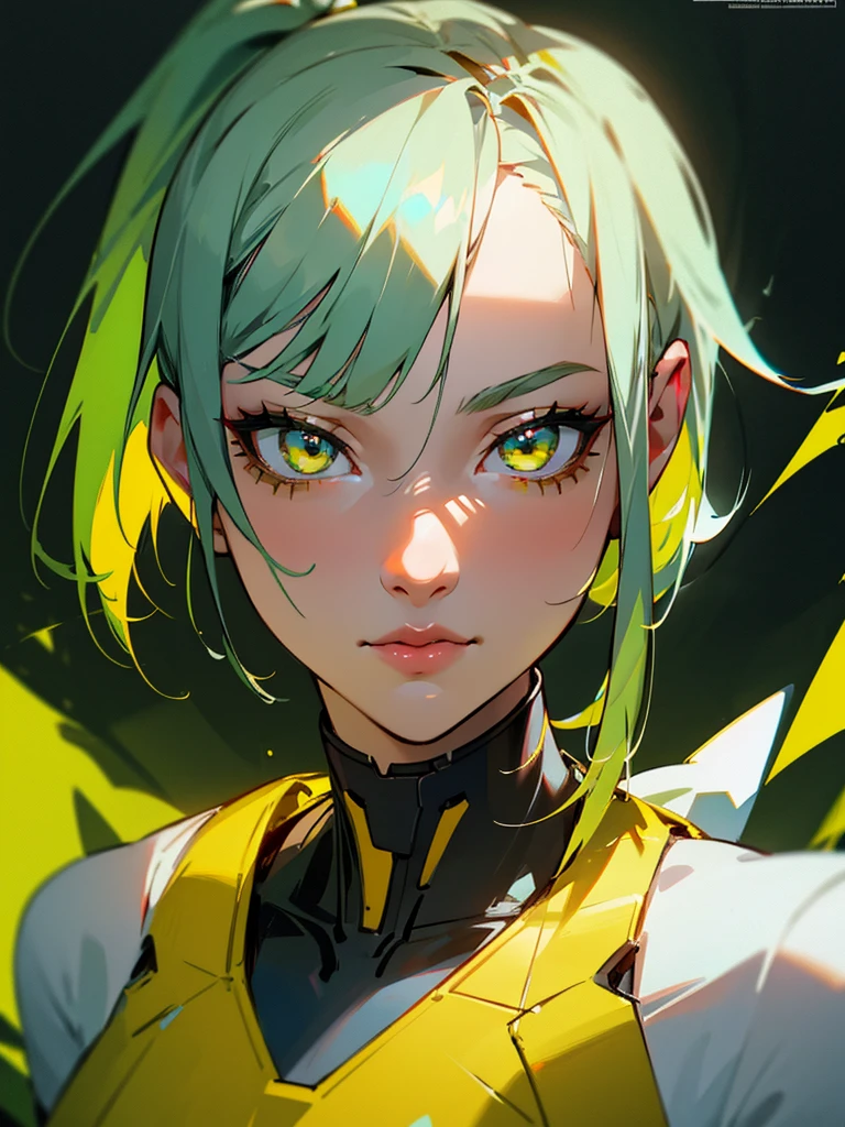 1girl,,green hair,yellow eyes,low ponytail,white suit,green overall,upper body,hyper detailed,cinematic lighting,highly detailed facial features,extremely detailed eyes,beautiful detailed lips,beautiful detailed nose,best quality,masterpiece:1.2,professional
