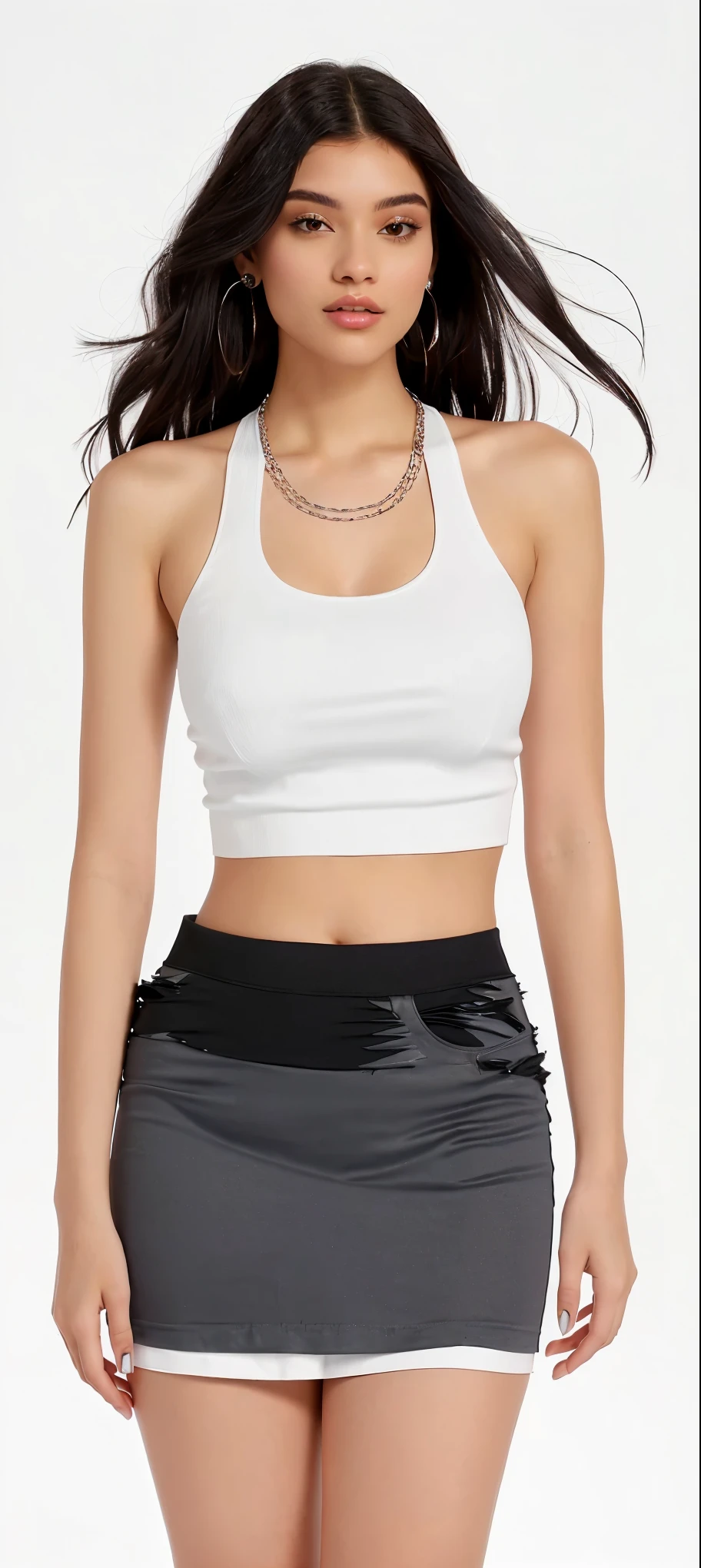 a woman in a white blouse and gray skirt posing for a photo, usando um top cropped sexy, wearing a cropped top, wearing a cropped tops, with torn t-shirt, wearing a black cropped tank top, wearing a short top, smallest belly ever, wearing a black cropped blouse, y2k style, y2k style