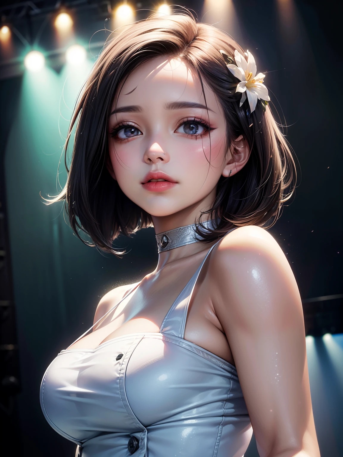 ((Best of the highest quality, 8k, Masterpiece, raw photo: 1.2)), (Sharp focus: 1.2), (1 AESPA, slim body type female, 22 y/o: 1.1), solo, Portrait Waist Up, (realistic, photo-realistic:1.37), face focus, cute face, finely eyes, (forehead: 1.16), (droopy eyes: 1.32), (Emphasize prominent aegyo-sal with bright: 1.2), shimmering eyeshadow applied under the lower lash line, paired with thick, (short bob hair: 1.28), alternative outfit, walking on stage, microphone, flower