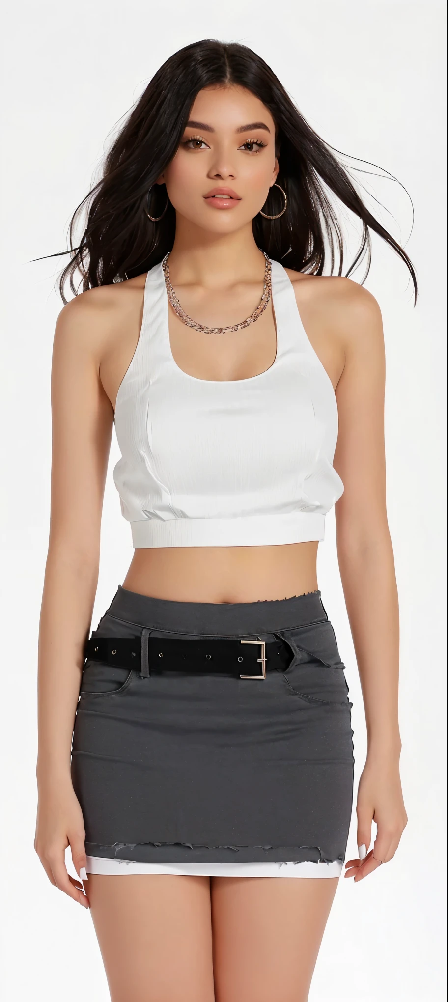 a woman in a white blouse and gray skirt posing for a photo, usando um top cropped sexy, wearing a cropped top, wearing a cropped tops, with torn t-shirt, wearing a black cropped tank top, wearing a short top, smallest belly ever, wearing a black cropped blouse, y2k style, y2k style