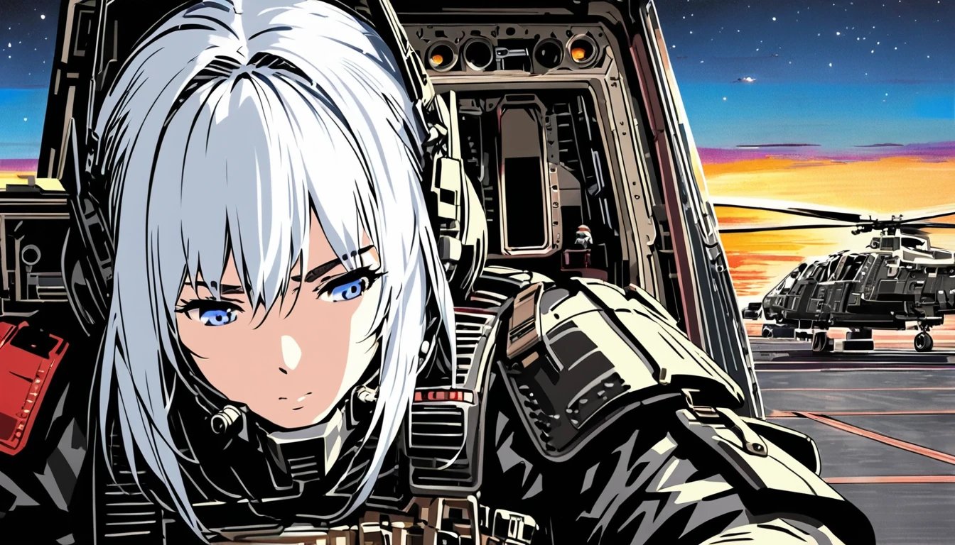 Super detailed:1.3, (Absurd, texture, masterpiece), pixiv Contest Winner, John Berkey, Dynamic cartoon style illustration,Colored pencil style,(s girl,White color hair,Black helmet,Black body armor,Wear tactical headsets,Put on a tactical mask,closeup cleavage)(in the background, A gunship about to take off at night),High precision、detailed、8K,Dozing off,Crayon colored Zentangle,overview,Anime key visual,