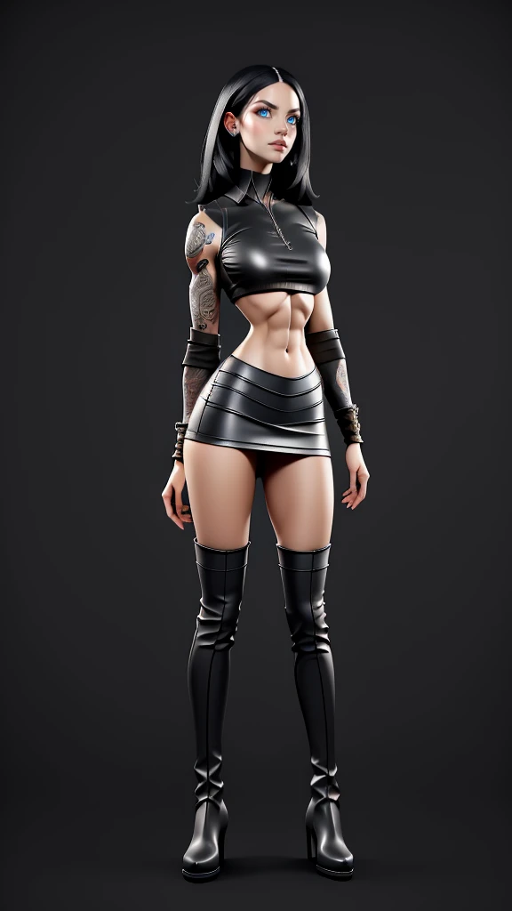 beautiful girl, ((standing:1.4)), (intense gaze:1.1), full body, short bright neon streaked black hair, ((realistic highly detailed eyes:1.4)), ((seductive pose:1.2)), fit, Athletic, lean, slender abs, (large breasts), black eyeshadow, (street style wear:1.2), ((short skirt)), ((knee high leather boots)),((light plain background:1.4)), dark makeup, digital art, trending on artstation, highly detailed, fine detail, intricate, detailed facial features, sharp focus, smooth, aesthetic, tattoos