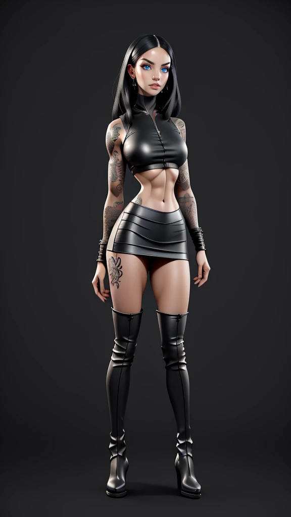beautiful girl, ((standing:1.4)), (intense gaze:1.1), full body, short bright neon streaked black hair, ((realistic highly detailed eyes:1.4)), ((seductive pose:1.2)), fit, Athletic, lean, slender abs, (large breasts), black eyeshadow, (street style wear:1.2), ((short skirt)), ((knee high leather boots)),((light plain background:1.4)), dark makeup, digital art, trending on artstation, highly detailed, fine detail, intricate, detailed facial features, sharp focus, smooth, aesthetic, tattoos