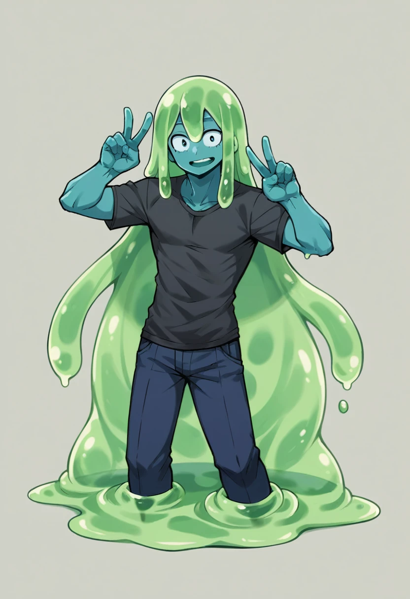 score_9, score_8_up, score_7_up, score_6_up, score_5_up, score_4_up, source_anime, 1Boy, slime Boy, Blue skin, Punk style, Long hair with green tips, tentacles, slime tentacles, slime boy, solo, slimegirlsfw, slime boy, Mori Kei fashion, Mori Kei Slime Boy, slimeboy, my hero academia, tentacles, school, depth of field, LUT, detailed, handsome, cute slime boy. My hero academia school, Tentacle tail, Full body shot, Peace sign pose. 