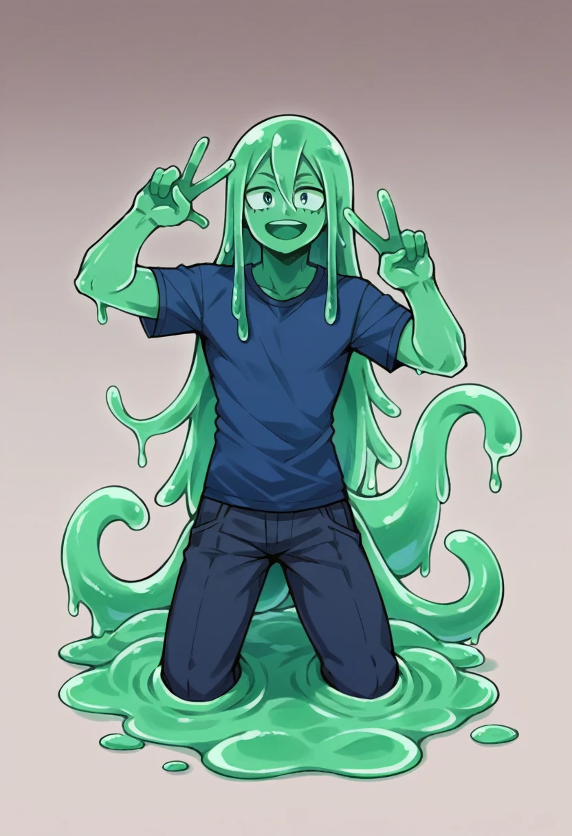 score_9, score_8_up, score_7_up, score_6_up, score_5_up, score_4_up, source_anime, 1Boy, slime Boy, Blue skin, Punk style, Long hair with green tips, tentacles, slime tentacles, slime boy, solo, slimegirlsfw, slime boy, Mori Kei fashion, Mori Kei Slime Boy, slimeboy, my hero academia, tentacles, school, depth of field, LUT, detailed, handsome, cute slime boy. My hero academia school, Tentacle tail, Full body shot, Peace sign pose.