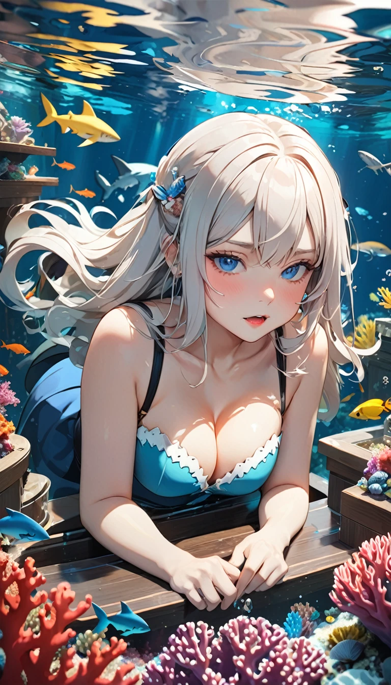 Highest quality, Super quality, 16K, Incredibly absurd, Very detailed, 2.5D, delicate and dynamic, aquarium, Large sink, Colorful Coral, Small faint light and small fish, shark, In the water, under the sea, , , , Small face, Extremely delicate facial expression, Delicate eye depiction, Upper body close-up, erotic, sole sexy shark, healthy shaped body, 22 years old lady, , 170cm tall, huge firm bouncing busts, 全身sharkのコスチューム, sharkの着ぐるみ, sharkの背びれ, sharkの頭の形の帽子, , , sharkと一緒に泳ぐ