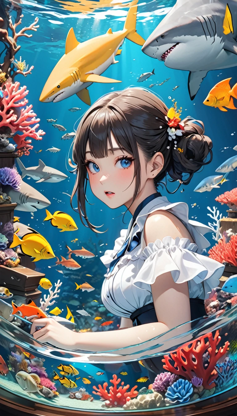 Highest quality, Super quality, 16K, Incredibly absurd, Very detailed, 2.5D, delicate and dynamic, aquarium, Large sink, Colorful Coral, Small faint light and small fish, shark, In the water, under the sea, , , , Small face, Extremely delicate facial expression, Delicate eye depiction, Upper body close-up, erotic, sole sexy shark, healthy shaped body, 22 years old lady, , 170cm tall, huge firm bouncing busts, 全身sharkのコスチューム, sharkの着ぐるみ, sharkの背びれ, sharkの頭の形の帽子, , , sharkと一緒に泳ぐ