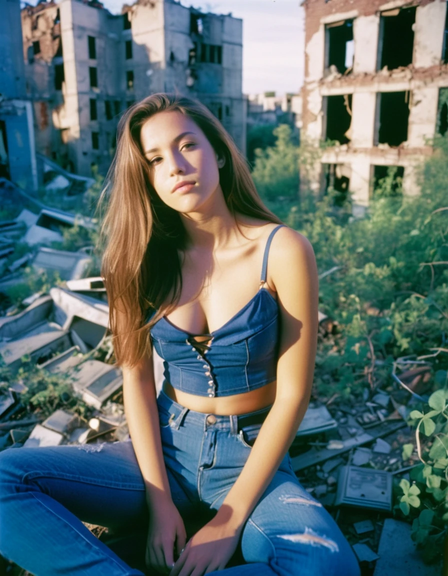 Top view of a MagMix Girl with long hair, wearing a cleavage blue camisole, jeans, big beast, sitting, in front of an abandoned city filled with crumbling buildings and overgrown vegetation, illuminated by natural daylight, analog film photo, Kodachrome