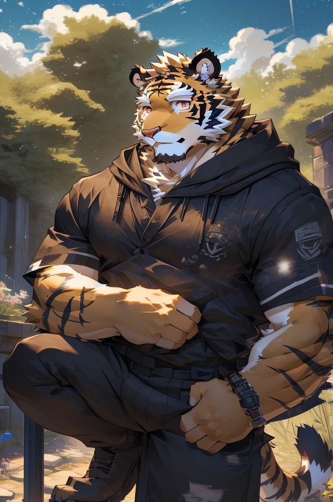 (masterpiece,best quality,Super detailed,Perfect anatomical structure),Detailed background,Empty,hairy,cannon, ,Clear focus,白色tiger，By Empty Ghost, rest 阳光,External,campus, Solitary,Solitary ，male,male ,human nature,Cat,tiger,muscular,rest (White fur:1.5,White body:1.5),looking at the audience,Delicateeyes, Dressed,Casual clothing is acceptable when the weather is nice,Golden pupils