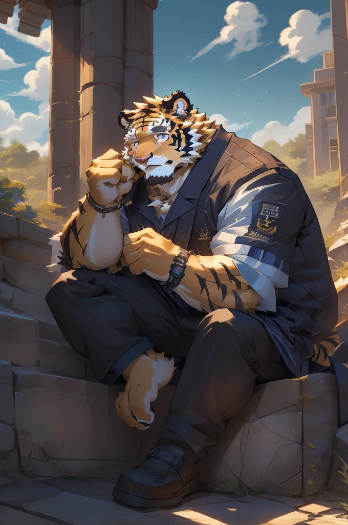 (masterpiece,best quality,Super detailed,Perfect anatomical structure),Detailed background,Empty,hairy,cannon, ,Clear focus,白色tiger，By Empty Ghost, rest 阳光,External,campus, Solitary,Solitary ，male,male ,human nature,Cat,tiger,muscular,rest (White fur:1.5,White body:1.5),looking at the audience,Delicateeyes, Dressed,Casual clothing is acceptable when the weather is nice,Golden pupils