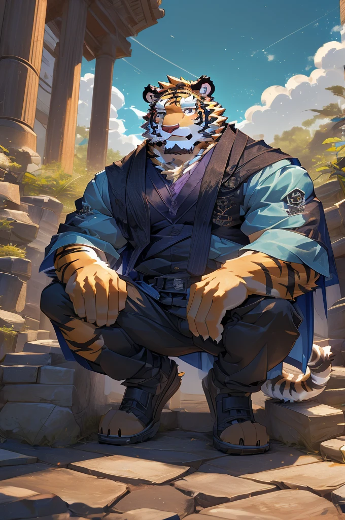 (masterpiece,best quality,Super detailed,Perfect anatomical structure),Detailed background,Empty,hairy,cannon, ,Clear focus,白色tiger，By Empty Ghost, rest 阳光,External,campus, Solitary,Solitary ，male,male ,human nature,Cat,tiger,muscular,rest (White fur:1.5,White body:1.5),looking at the audience,Delicateeyes, Dressed,Casual clothing is acceptable when the weather is nice,Golden pupils