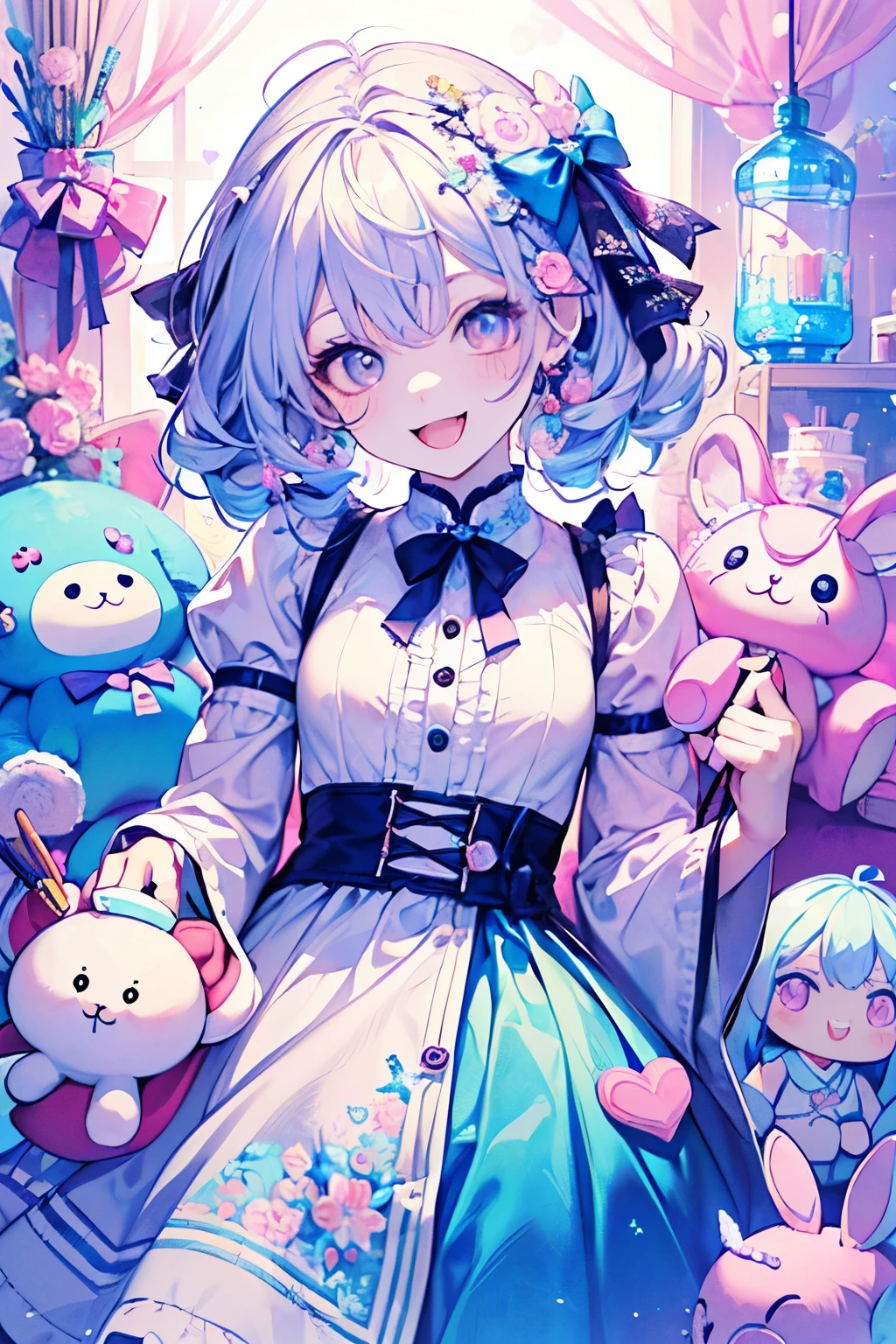 chibi character,Rabbit motif,(brush),((cute,kawaii,wonderland)),((pastel color)),((Cute assortment)),(A big smile with an open mouth),((Cute stuffed toys and dolls:1.3)),Drill hair,(pastel crystal),((Men's、Shota、juvenile:1.2)),(ribbon🎀:1.25).