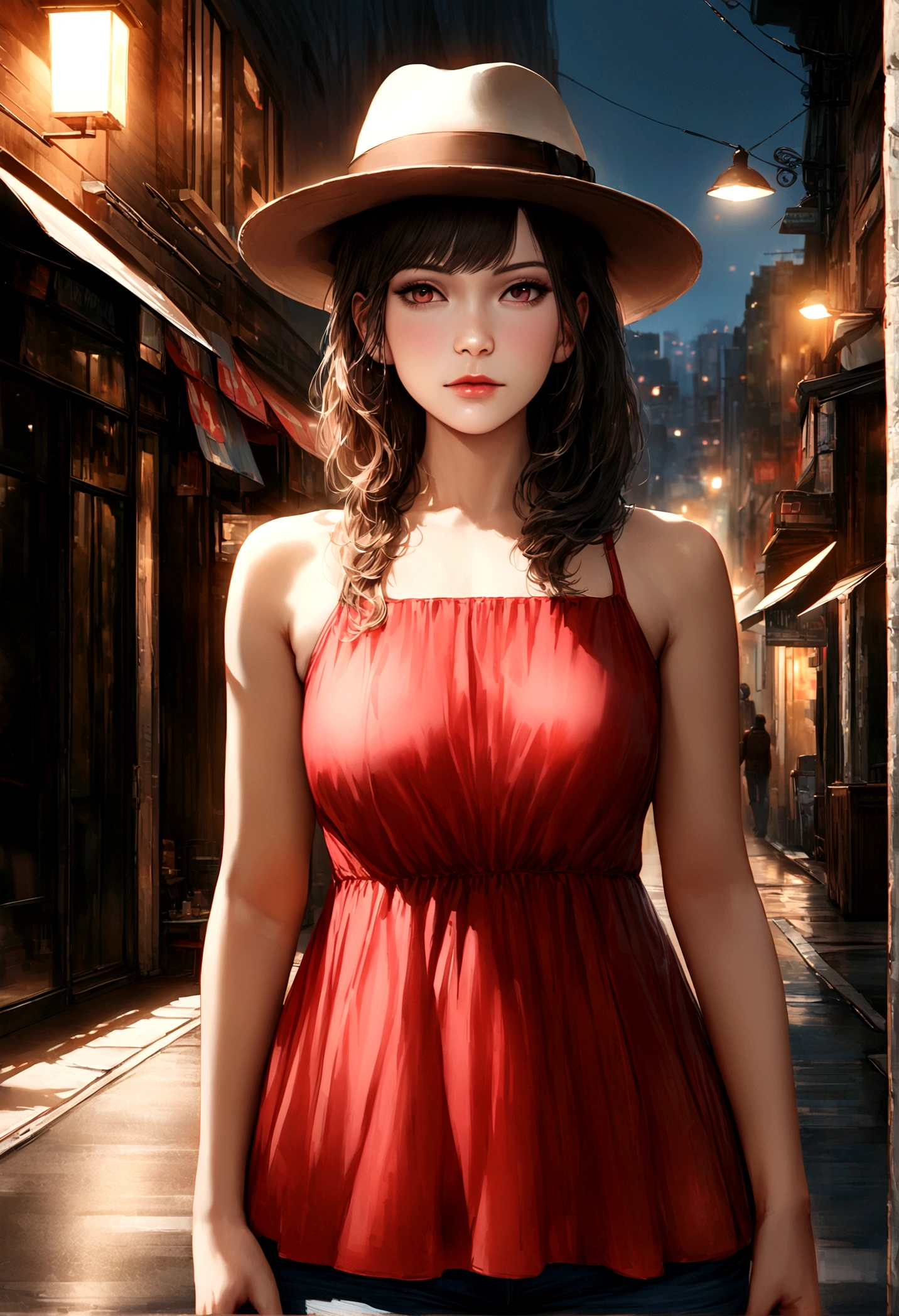 woman wearing a tiny red dress in top, blue jeans in down, UHD, ultra realistic, ultra resolution, ultra quality, fully detailed, ultra detailed, 16K, cinematic light, street in background, hat, suglasses,