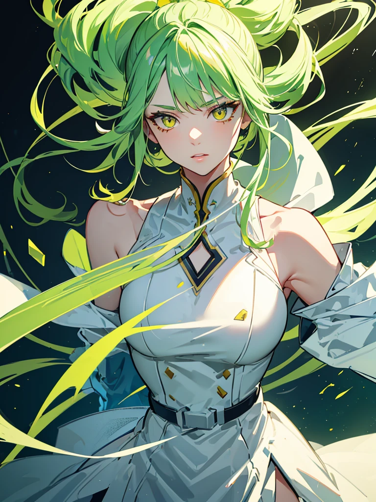 (masterpiece、top-quality、hight resolution)Loneliness Beautiful yellow-green hair Bob Hair Yellow-green face (((Smooth))) (((In a natural))) There is a central character, like in a movie poster She's looking at me in a sexy posture. (((One beautiful girl))) giving the poster a dynamic and visual impact The color gives drama and excitement 4K Anime Style
