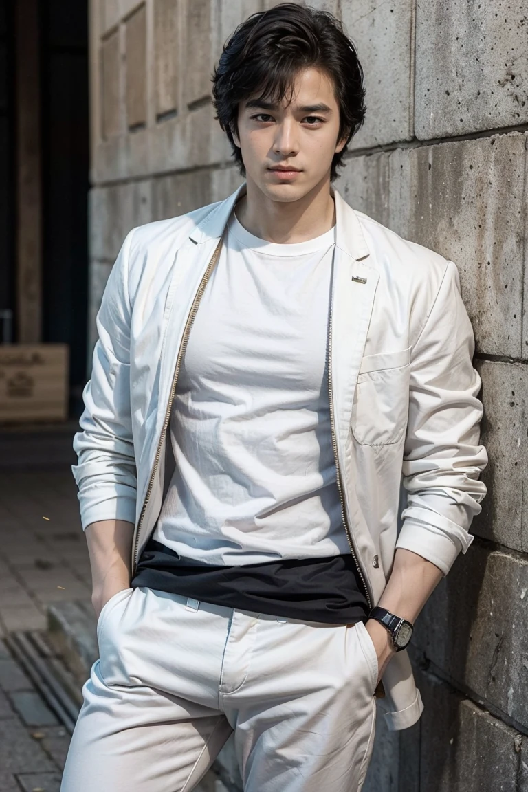 (saeba ryo city hunter ) ,Wearing white pants,white jacket,black shirts,standing,exposed erect penis,