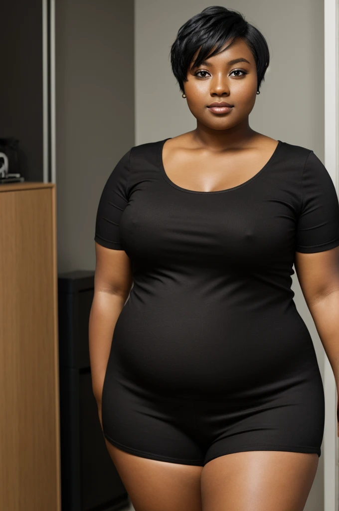Chubby woman with dark skin color and short black hair