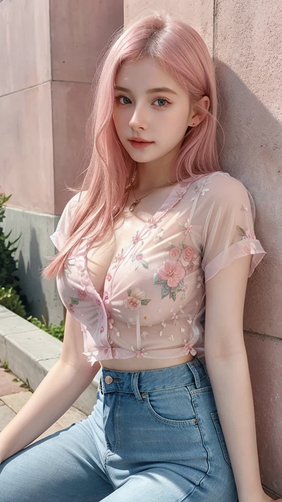((best quality)), photorealistic, photorealism, Photorealistic, high resolution, Beautiful, , 20 Years Old, White Skin, pale skin, Large Breasts, seductive pose, looking at the camera, (Detailed face), short hair, pink hair, sexy body, (wearing transparent floral sheer shirt, short denim, transparent shirt), cloths color based on light pink), revealed thigh, thick thigh, Fingers are occluded, concrete murall wall background,