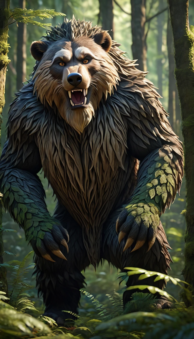 There is a wild man in the forest，Covered with bristles（best quality，4K，8K，High level，masterpiece：1.2），Ultra Detailed，（lifelike，Photo real，Photo real：1.37），Highly detailed animals，Complex patterns，Realistic lighting，Fantasy Creatures