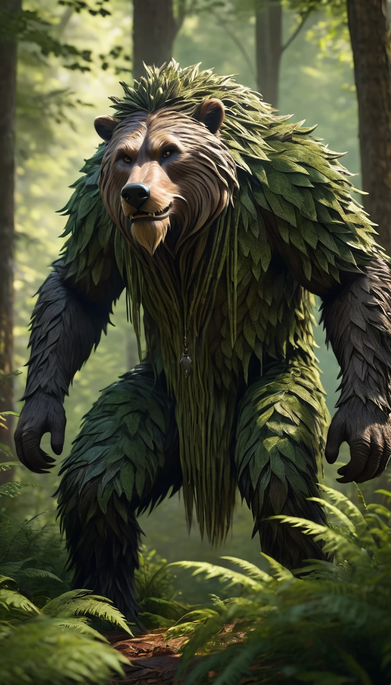 There is a wild man in the forest，Covered with bristles（best quality，4K，8K，High level，masterpiece：1.2），Ultra Detailed，（lifelike，Photo real，Photo real：1.37），Highly detailed animals，Complex patterns，Realistic lighting，Fantasy Creatures