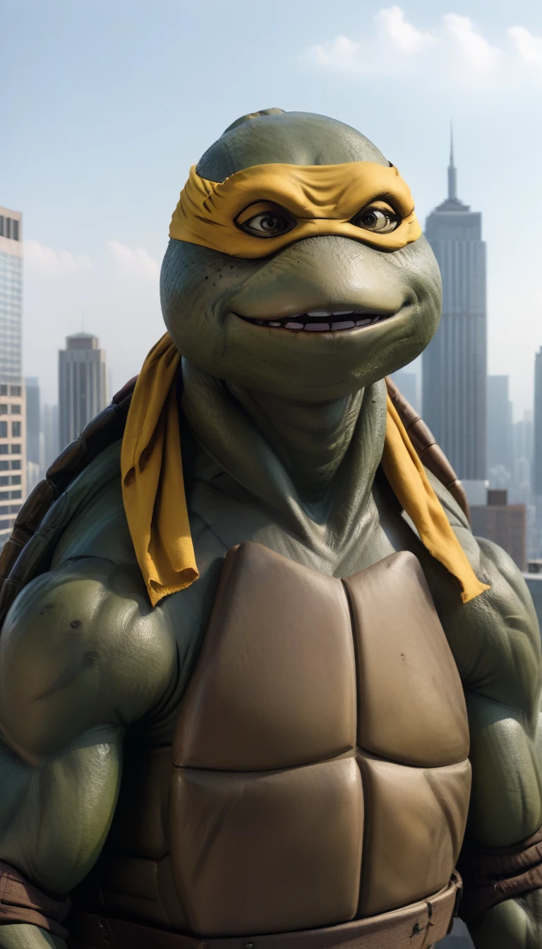 close-up, TMNTMichaelangelo, a age mutant ninja turtle, laughing, wearing yellow bandana mask with eye-holes, standing on a city rooftop during the day, skyscrapers and rooftops and day sky in the background, 
