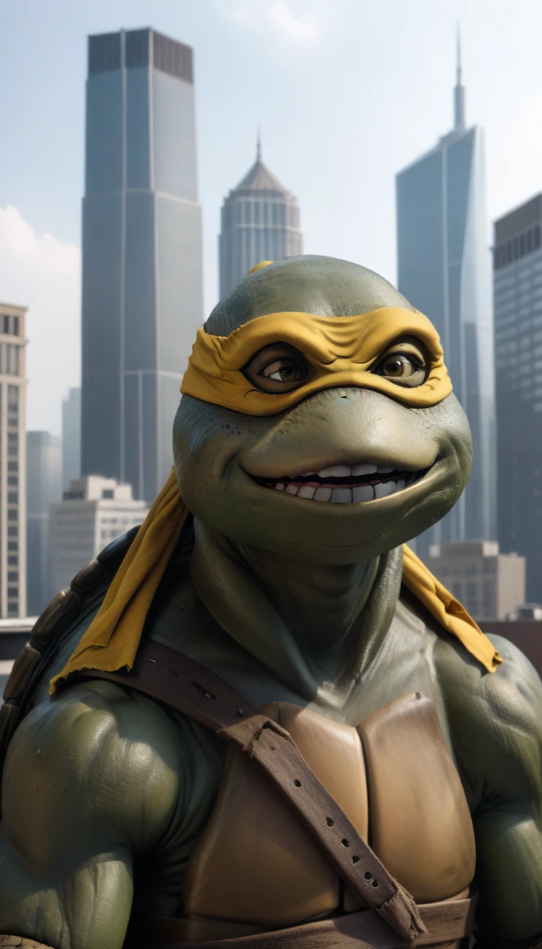 close-up, TMNTMichaelangelo, a teenage mutant ninja turtle, laughing, wearing yellow bandana mask with eye-holes, standing on a city rooftop during the day, skyscrapers and rooftops and day sky in the background, 