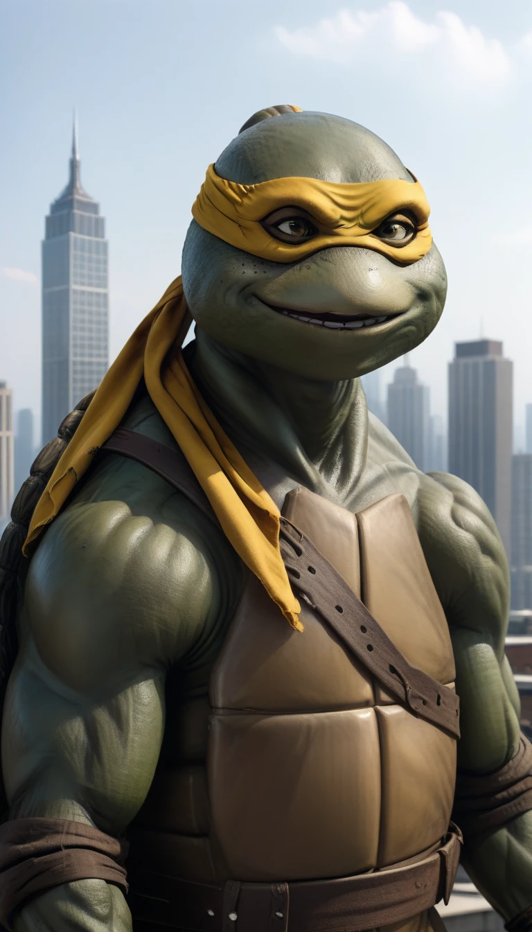 close-up, TMNTMichaelangelo, a teenage mutant ninja turtle, laughing, wearing yellow bandana mask with eye-holes, standing on a city rooftop during the day, skyscrapers and rooftops and day sky in the background, 